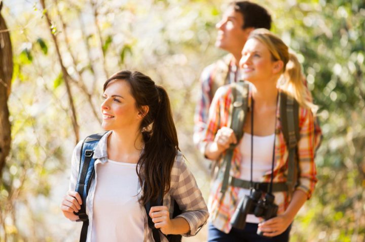 Two women and a man hiking in a forest